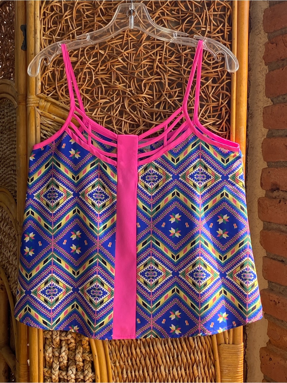 Vizio Blue Cami with Hot Pink Trim and Geometric Print